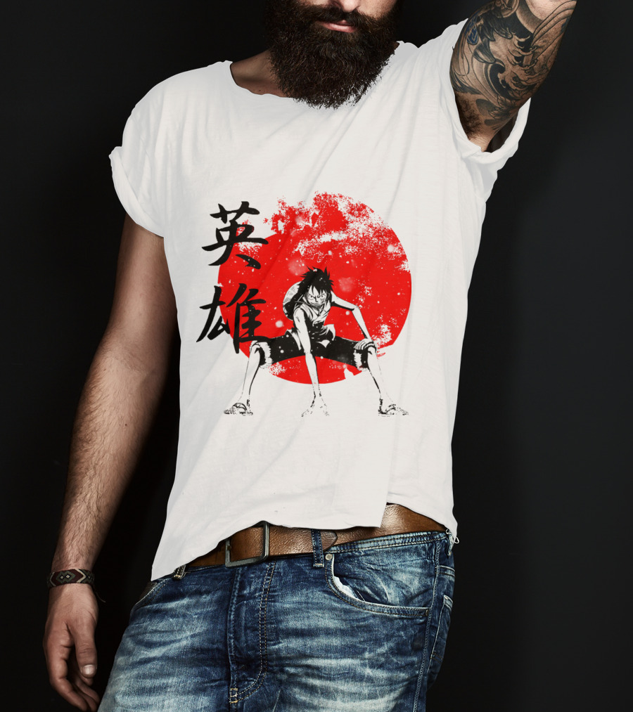 One Piece Hero Luffy Japanese Kanji Red Circle T-Shirt