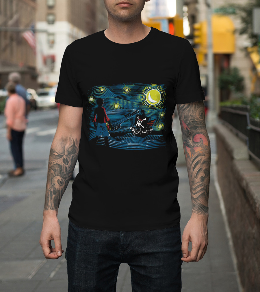 Starry Sea Voyage with Pirate Ship under Starry Night Sky T-Shirt