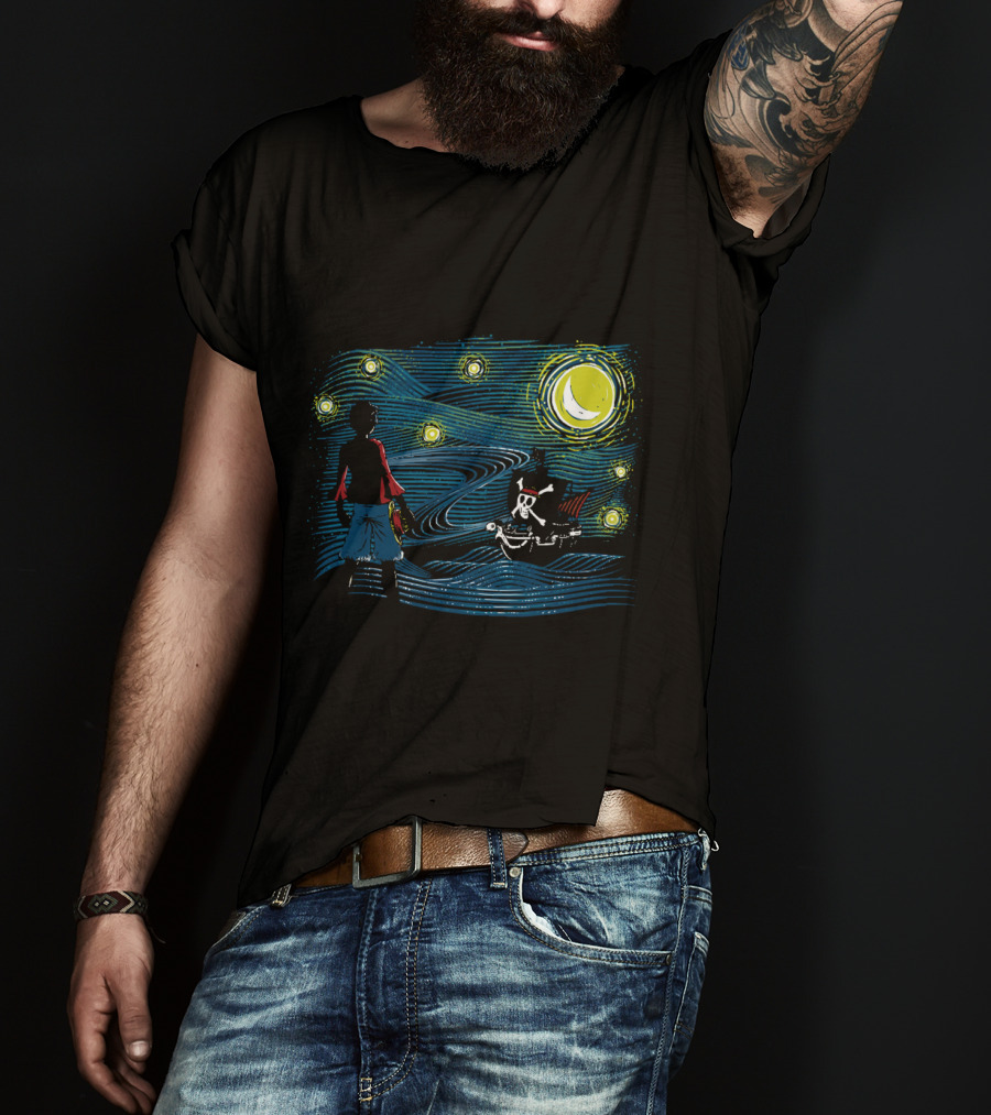 Starry Sea Voyage With Pirate Ship Under Starry Night Sky T-Shirt
