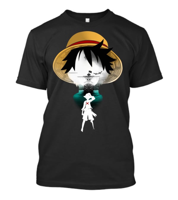 Strawhat Pirate Silhouette Design With Iconic Ship And Sea Adventure T-Shirt