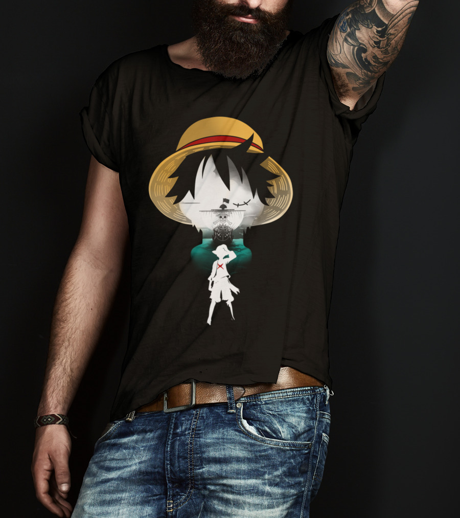 Strawhat Pirate Silhouette Design With Iconic Ship And Sea Adventure T-Shirt