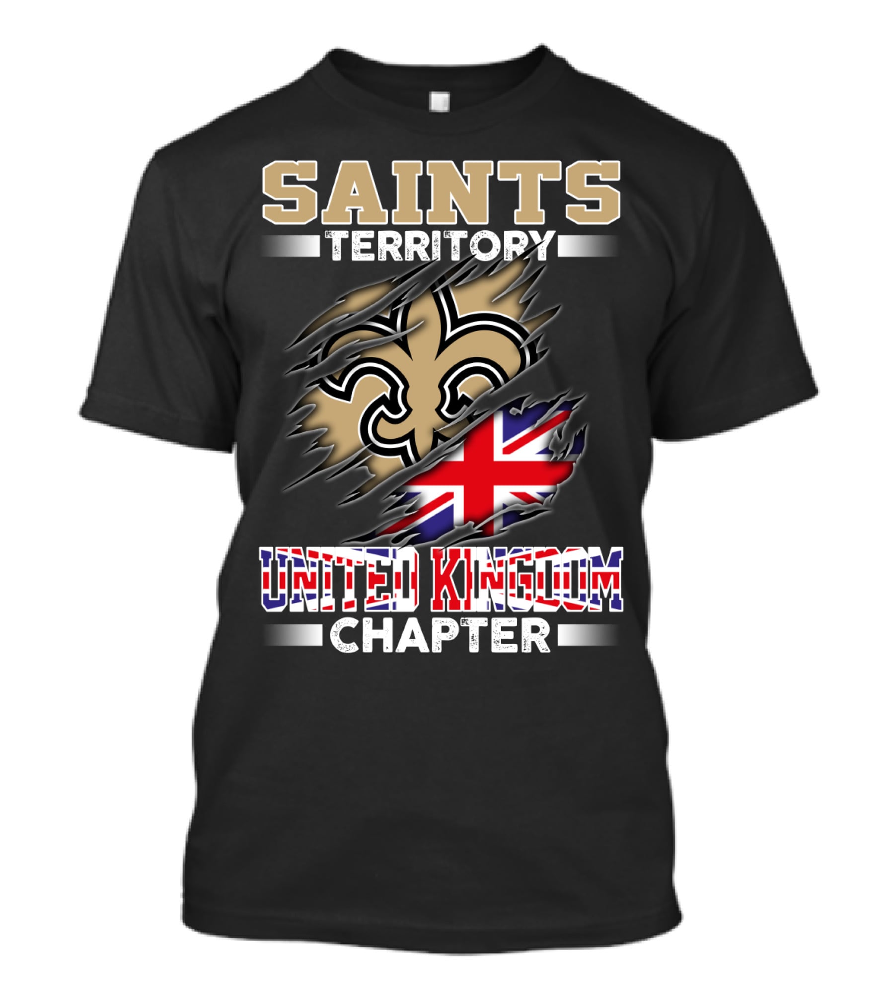 Saints Territory United Kingdom Chapter Fleur-De-Lis And Union Jack Ripped T-Shirt