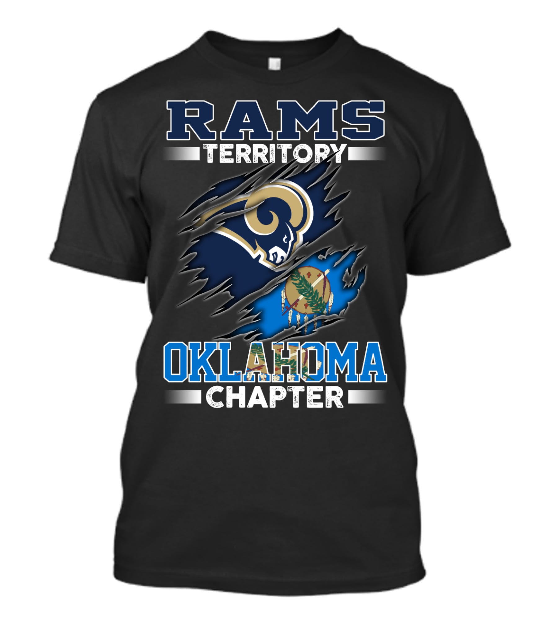 Rams Territory Oklahoma Chapter Blue And Gold Design With Torn State Flag T-Shirt