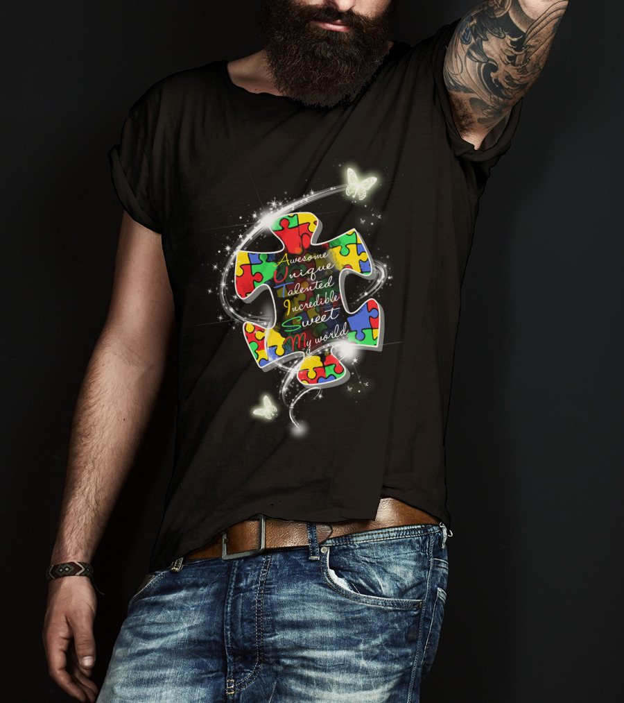 Awesome Unique Talented Incredible Sweet My World Puzzle Piece With Butterflies And Sparkles T-Shirt