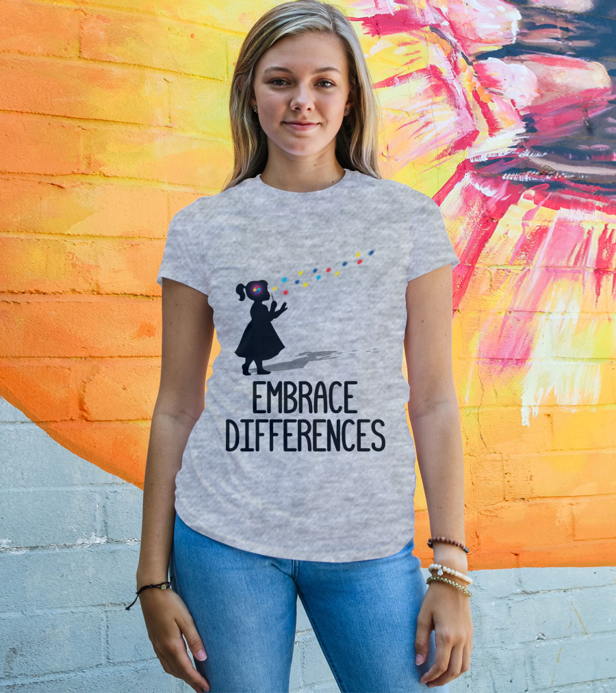 Embrace Differences Silhouette Girl With Autism Puzzle Flower And Colorful Bubbles T-Shirt