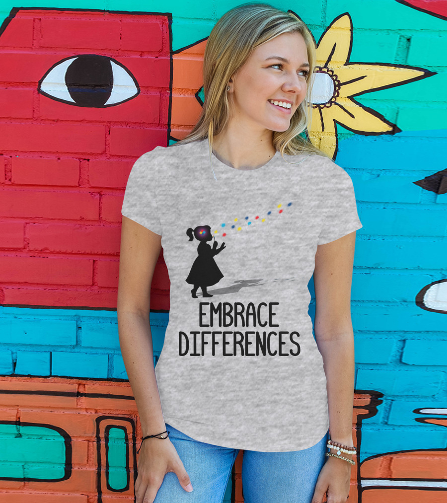 Embrace Differences Silhouette Girl With Autism Puzzle Flower And Colorful Bubbles T-Shirt