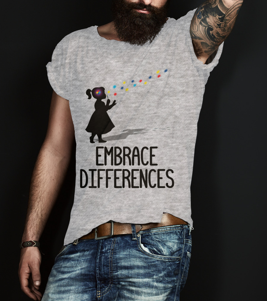 Embrace Differences Silhouette Girl With Autism Puzzle Flower And Colorful Bubbles T-Shirt