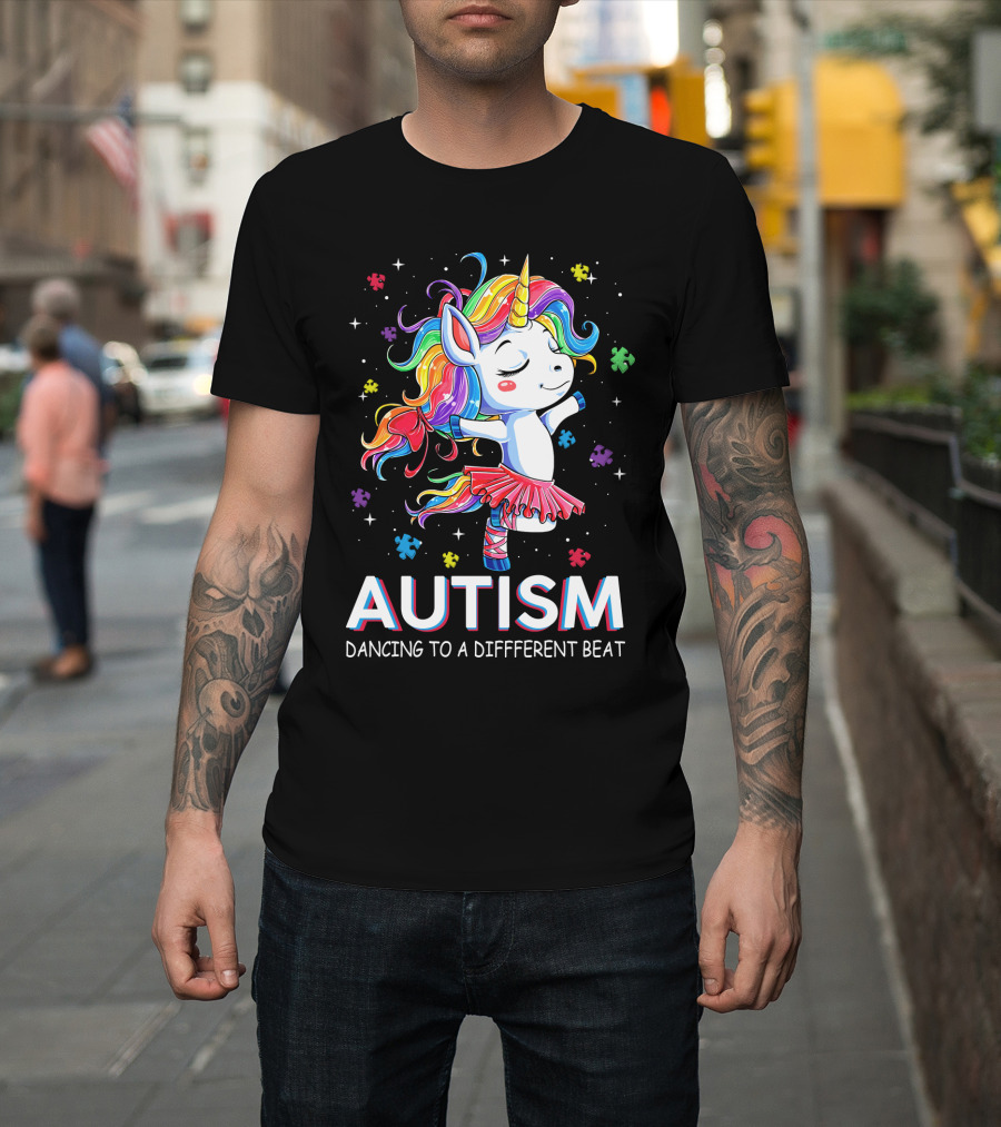 Autism Dancing To A Different Beat Unicorn Puzzle Pieces Rainbow Hair T-Shirt