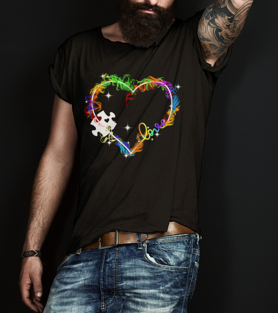 Love Heart Rainbow Puzzle Autism T-Shirt