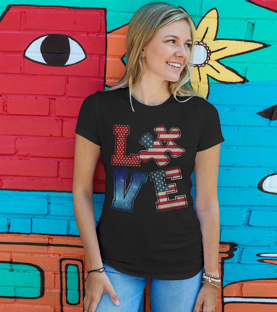 Love Needs No Words Galaxy Stars And Stripes Puzzle Piece T-Shirt
