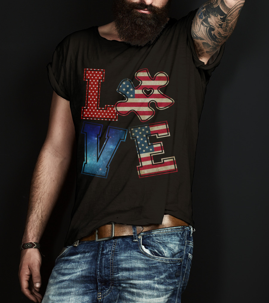 Love Needs No Words Galaxy Stars And Stripes Puzzle Piece T-Shirt