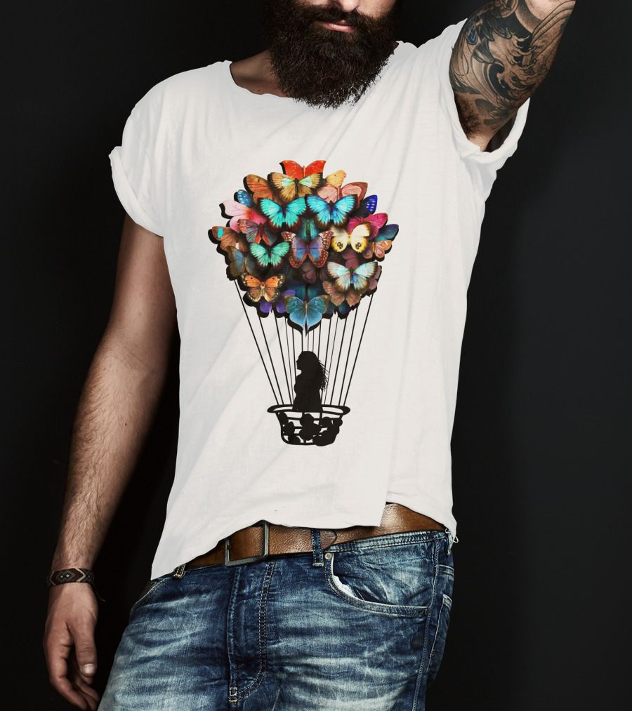 Butterfly BU01 Hot Air Balloon Silhouette With Colorful Wings T-Shirt