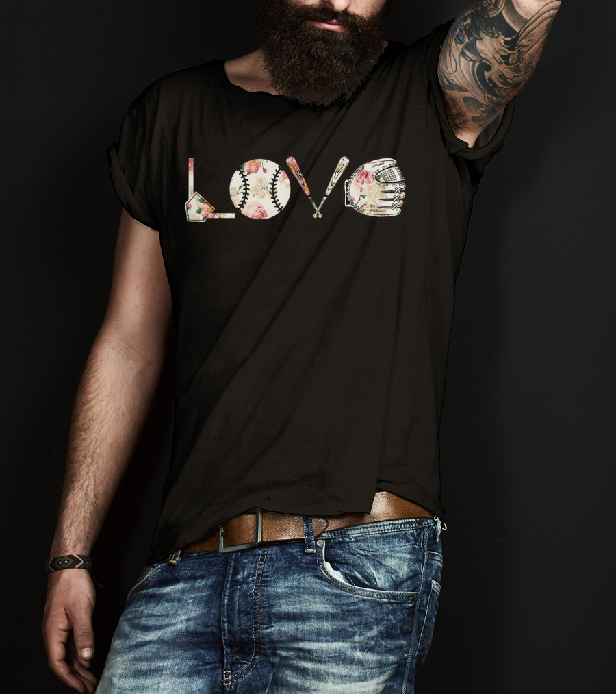 Love Baseball Floral Bat Glove Home Plate T-Shirt
