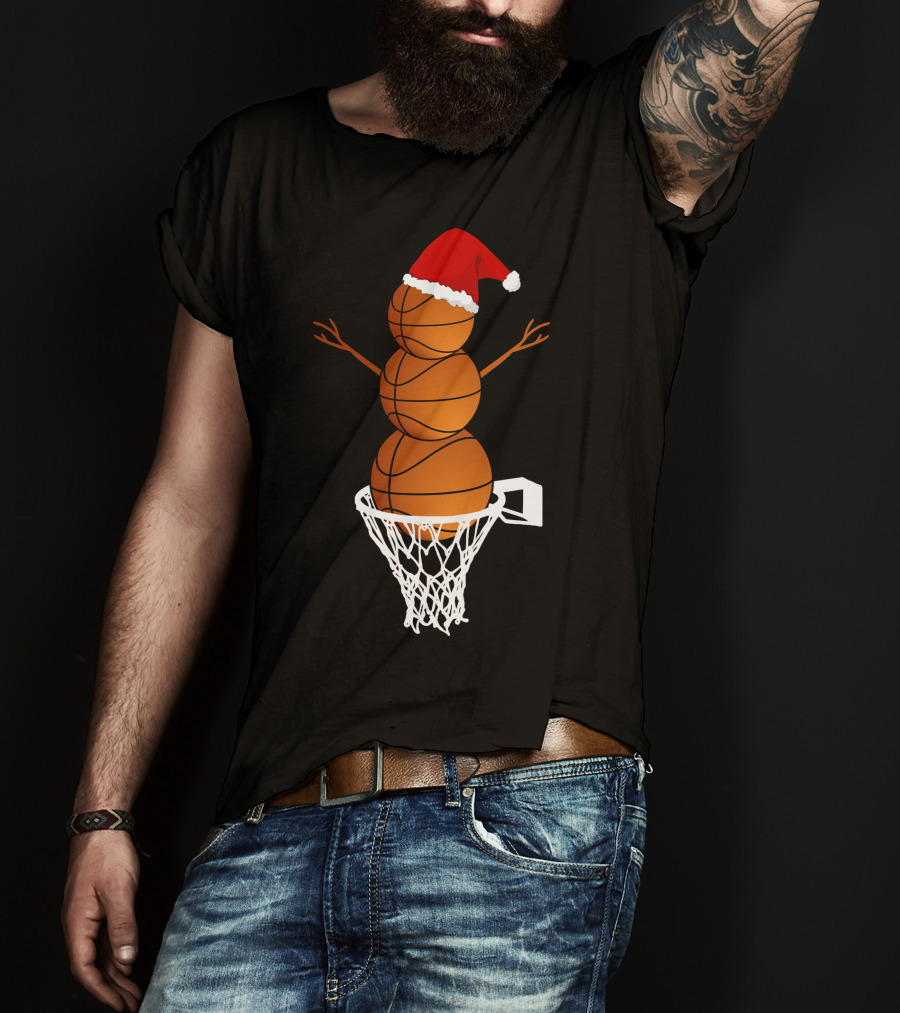 Basketball Snowman With Santa Hat In Hoop T-Shirt