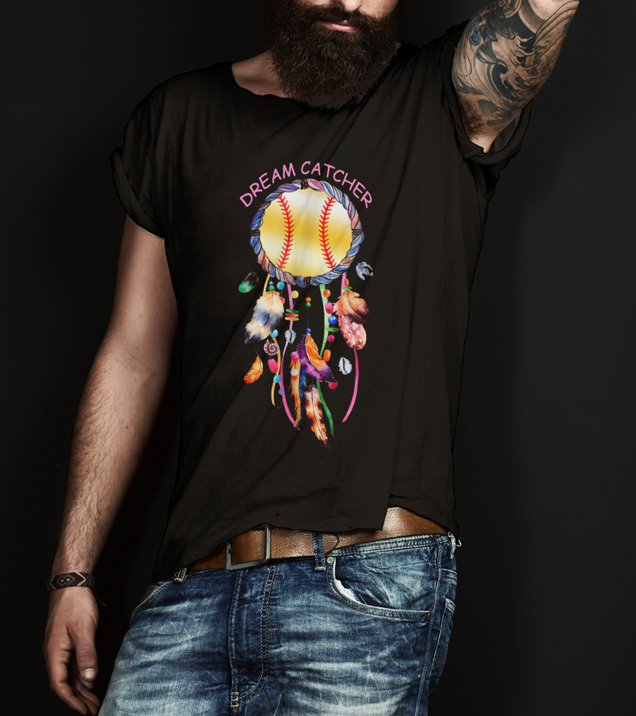Dream Catcher Softball With Feather And Bead Accents T-Shirt