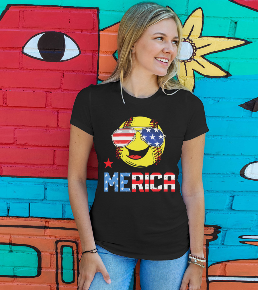 Softball MERICA Smiling Baseball With American Flag Sunglasses T-Shirt