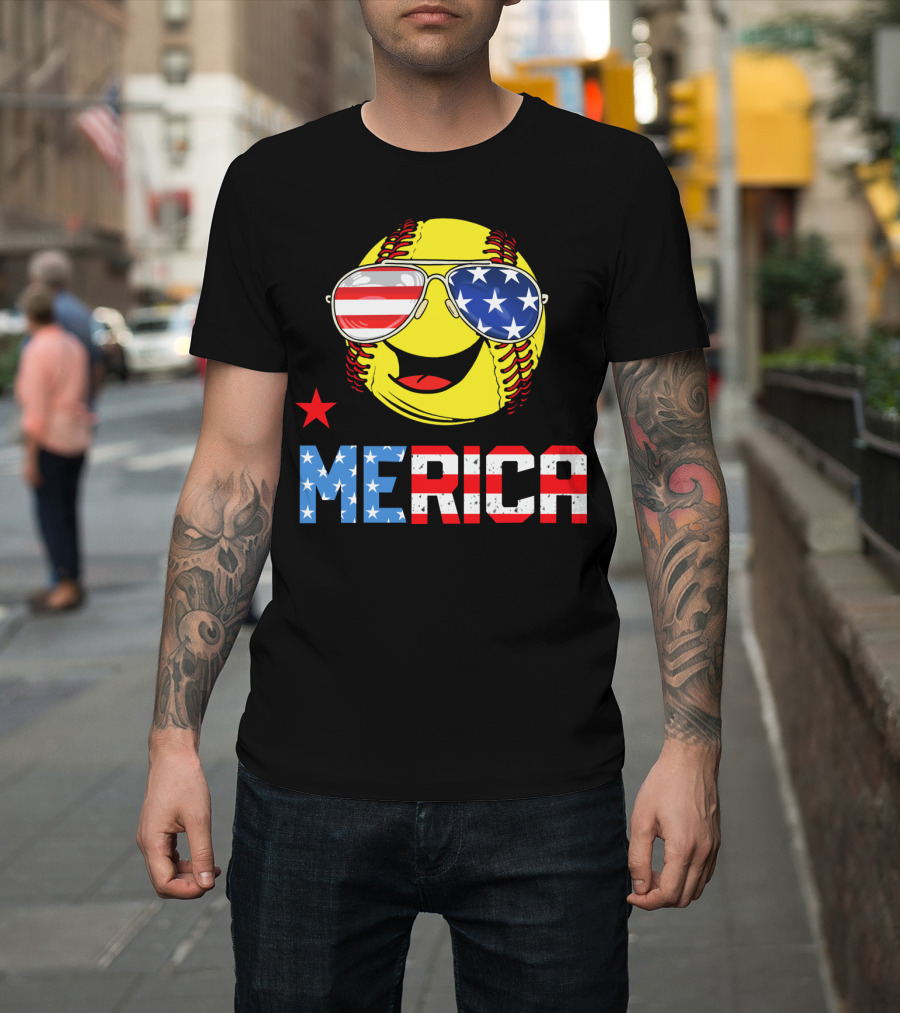 Softball MERICA Smiling Baseball With American Flag Sunglasses T-Shirt