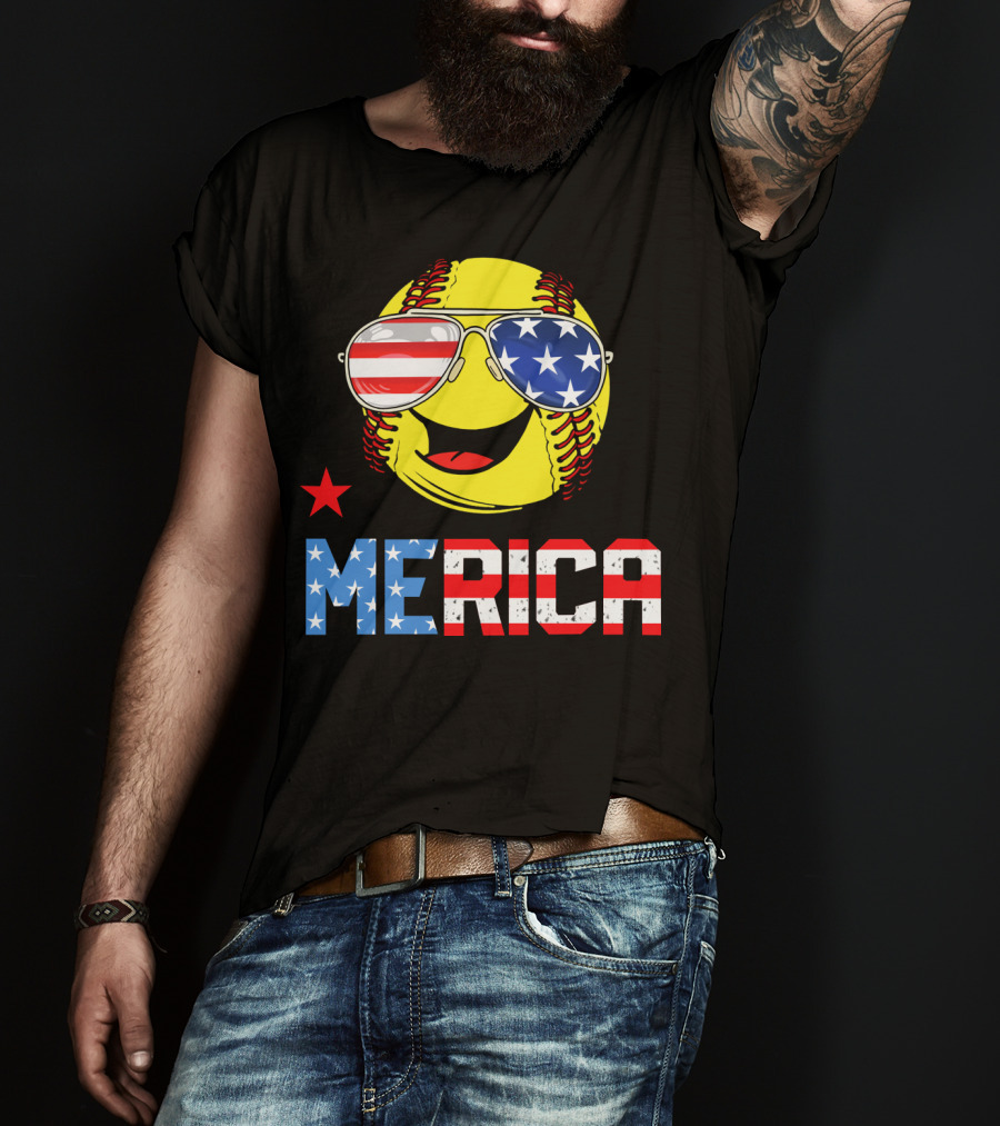 Softball MERICA Smiling Baseball With American Flag Sunglasses T-Shirt