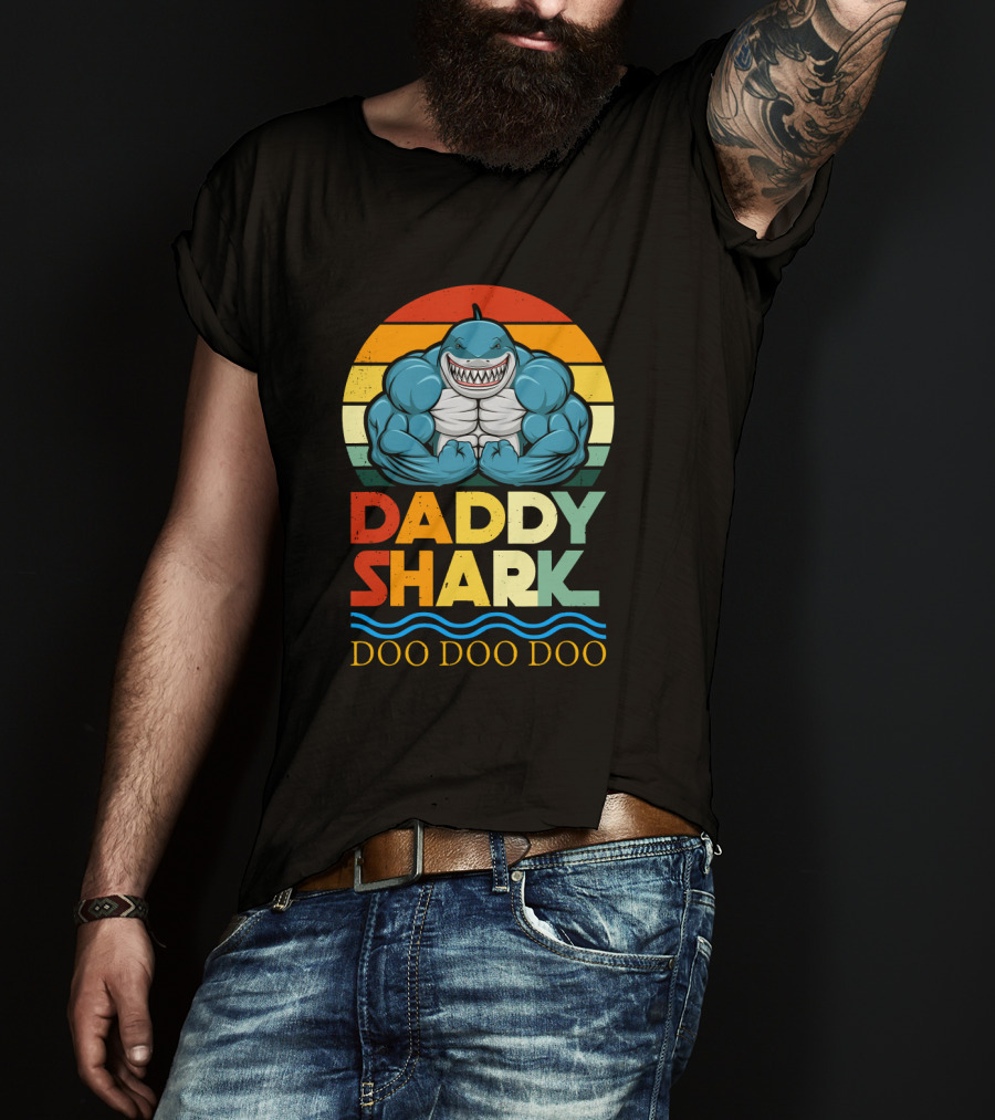 Daddy Shark Doo Doo Doo Retro Weight Lifting Shark T-Shirt