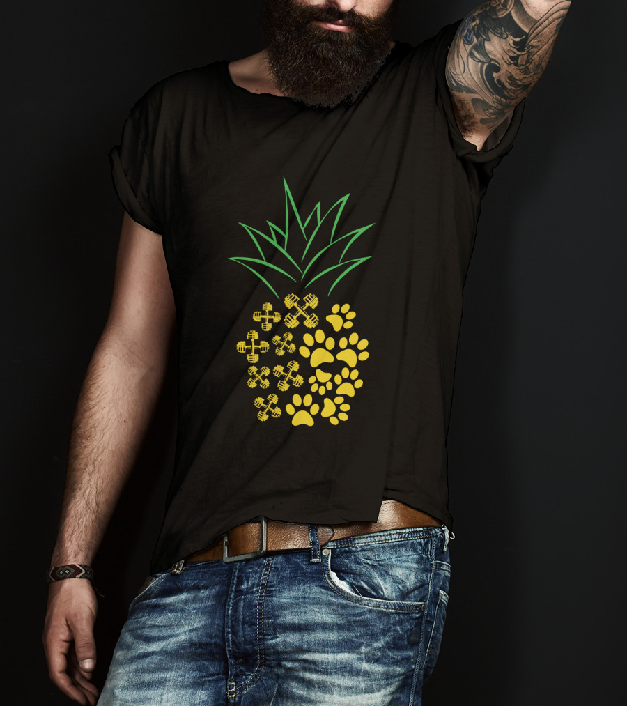 Weight Lifting Pineapple With Dumbbells And Paw Prints T-Shirt
