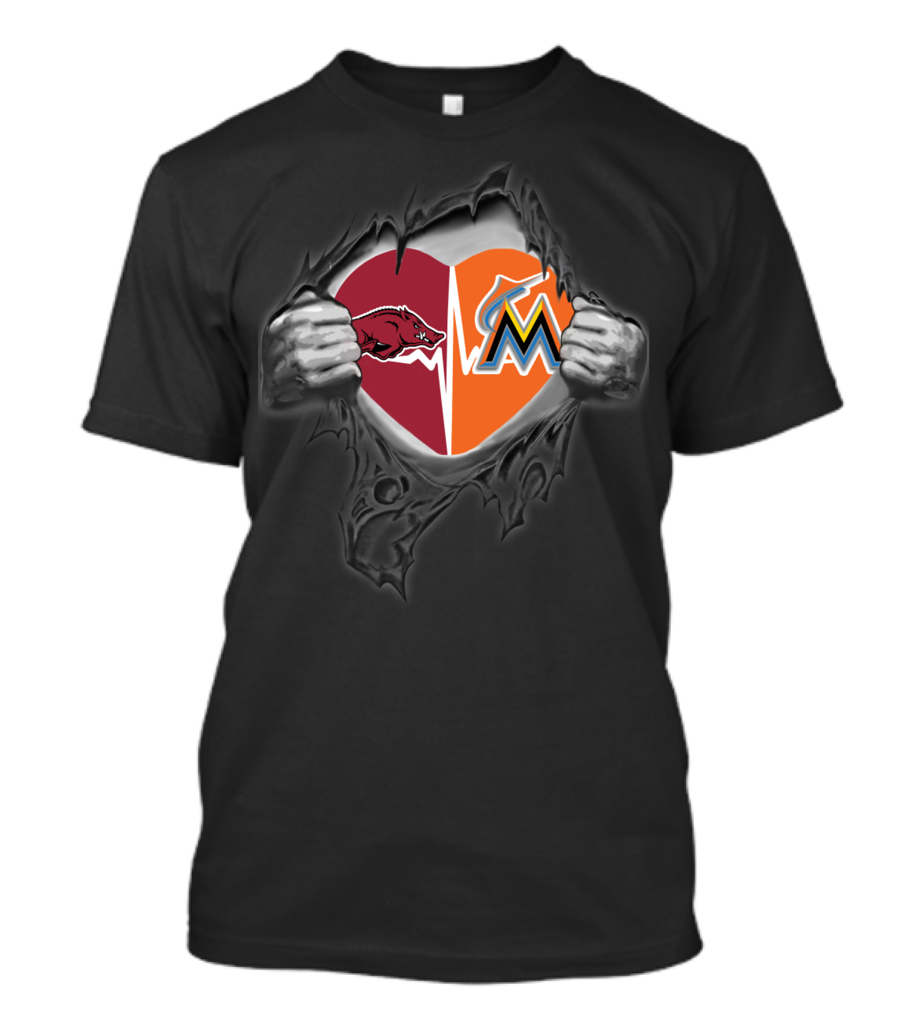 Arkansas Razorbacks Miami Marlins Heart Rip T-Shirt