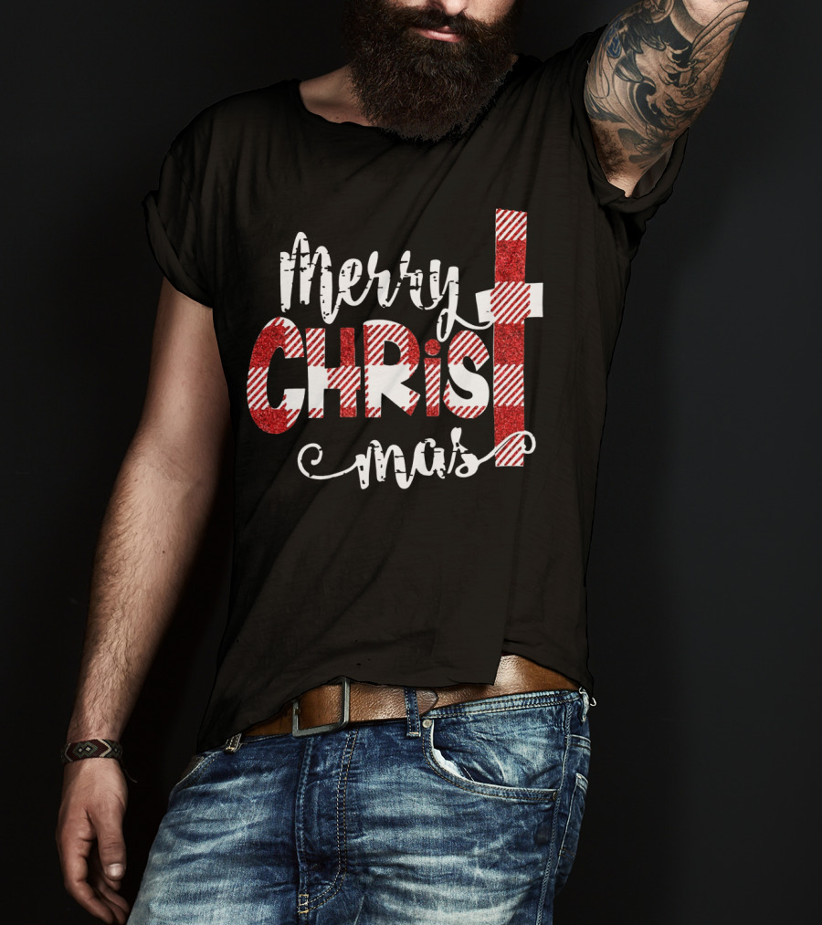 Merry Christ Mas Striped Cross Red Glitter T-Shirt