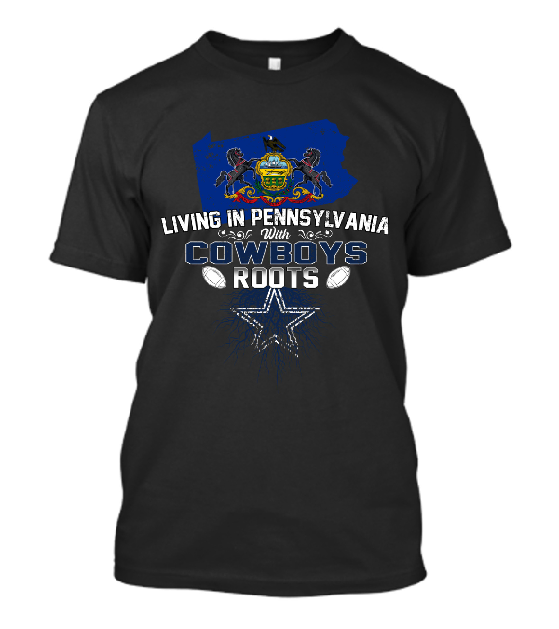Living In Pennsylvania With Cowboys Roots Football And Star Icon On State Map T-Shirt