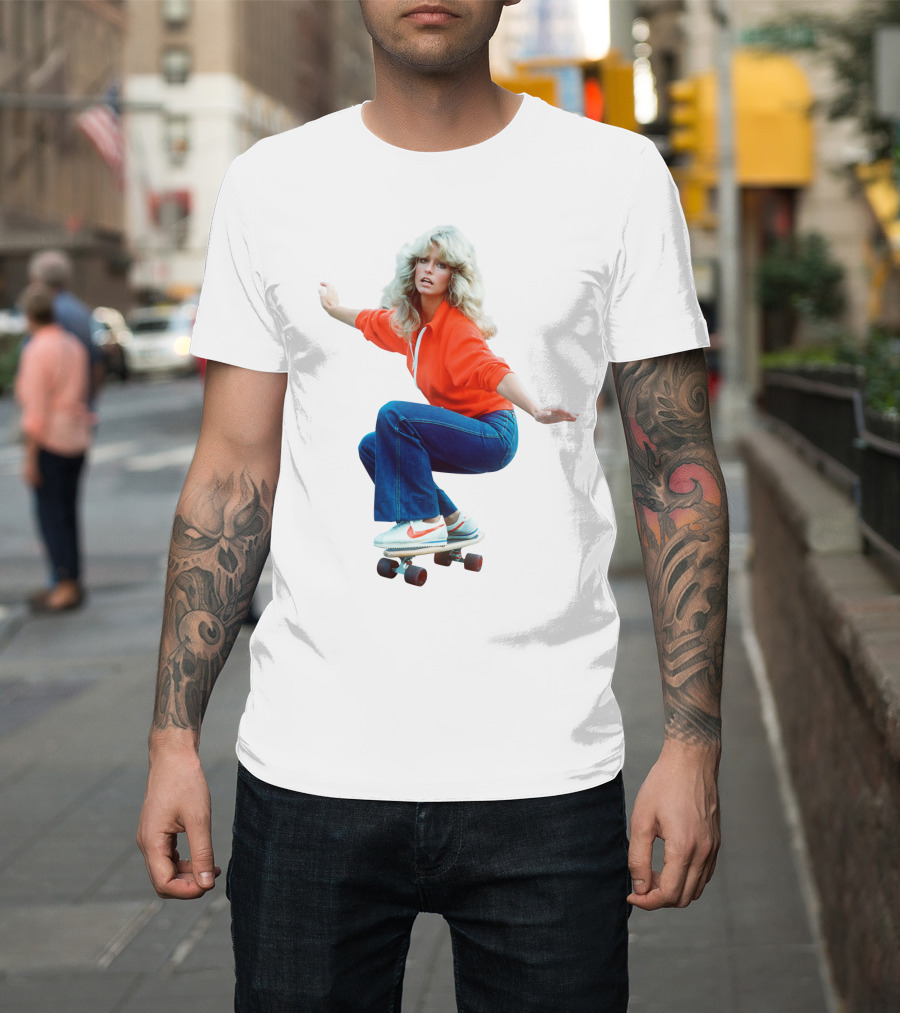 Farrah Fawcett Iconic Skateboarding Pose in Red Sweater and Sneakers T-Shirt