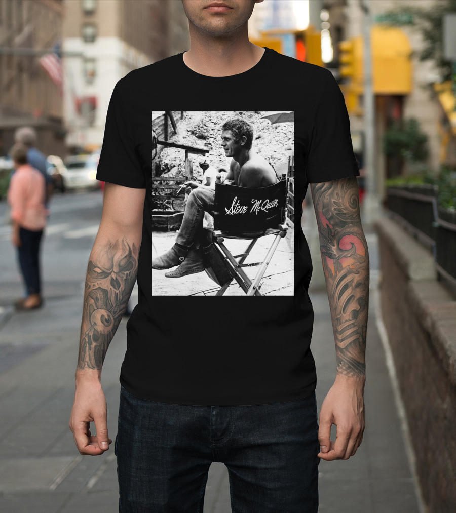 Steve McQueen Black and White Director's Chair Scene T-Shirt