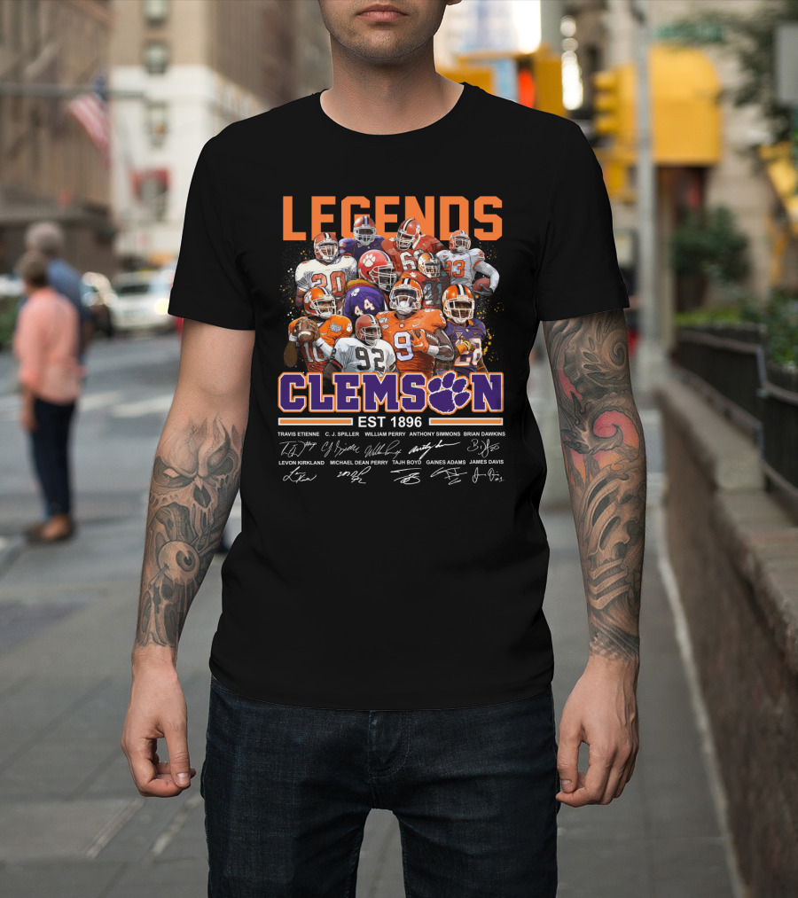 Clemson Legends EST 1896 Travis Etienne C.J. Spiller William Perry Anthony Simmons Brian Dawkins Levon Kirkland Michael Dean Perry Tajh Boyd Gaines Adams James Davis T-Shirt
