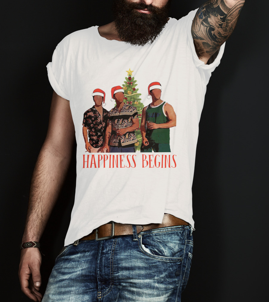 Happiness Begins Santa Trio With Christmas Tree T-Shirt