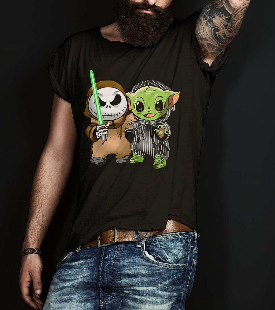 Jack Skellington In Jedi Robe And Baby Yoda In Striped Suit With Lightsaber T-Shirt