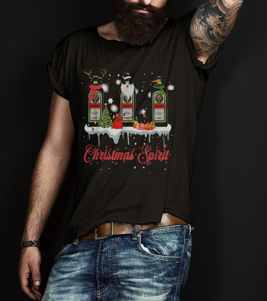 Christmas Spirit Jagermeister Bottles With Holiday Decorations And Snowflakes T-Shirt
