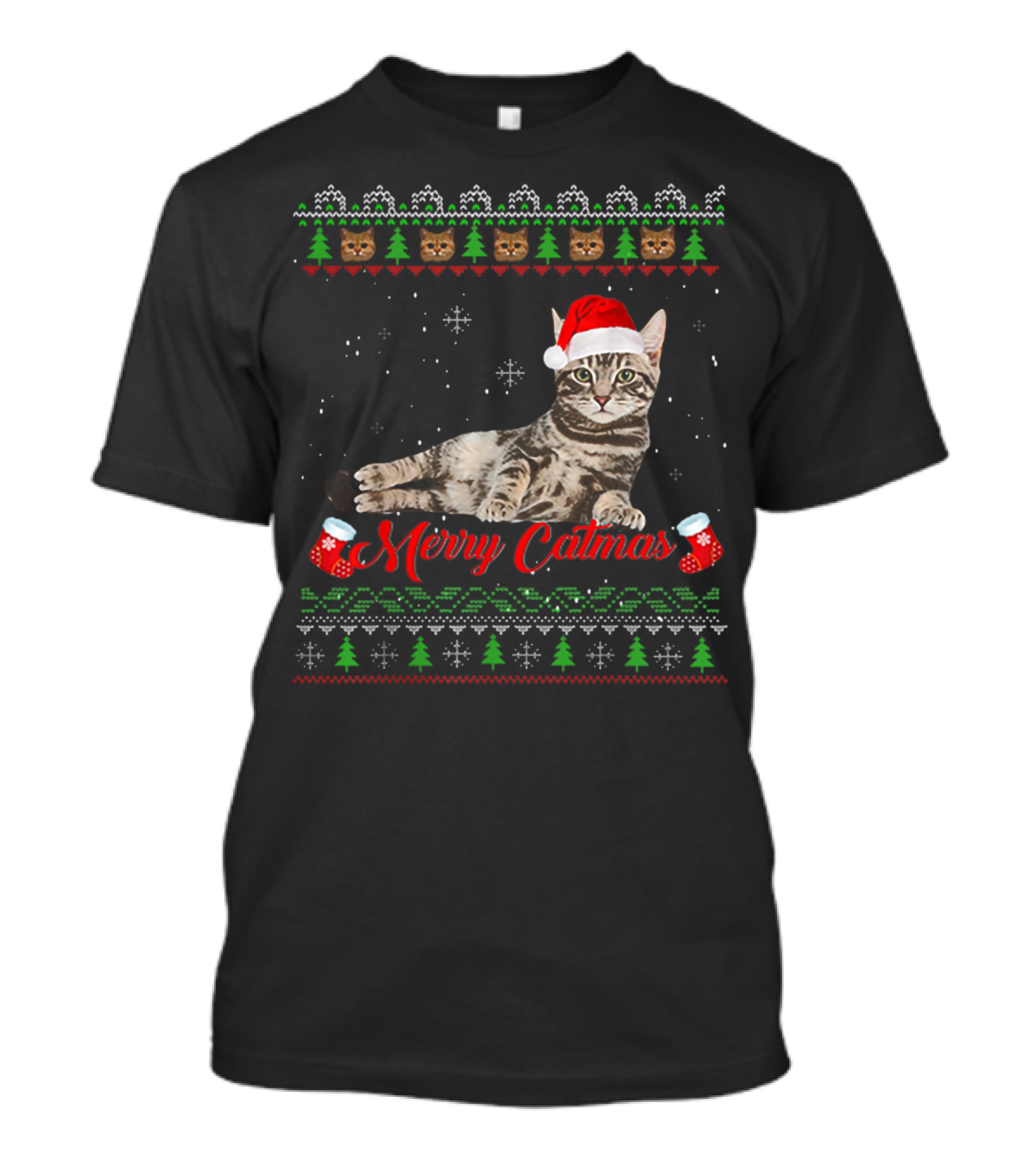 Merry Catmas Christmas Cat Santa Hat Festive Design With Christmas Trees And Stockings T-Shirt