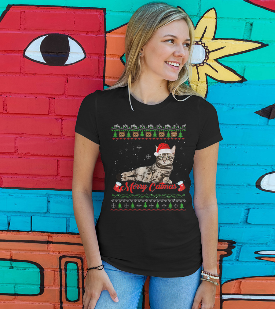 Merry Catmas Christmas Cat Santa Hat Festive Design With Christmas Trees And Stockings T-Shirt