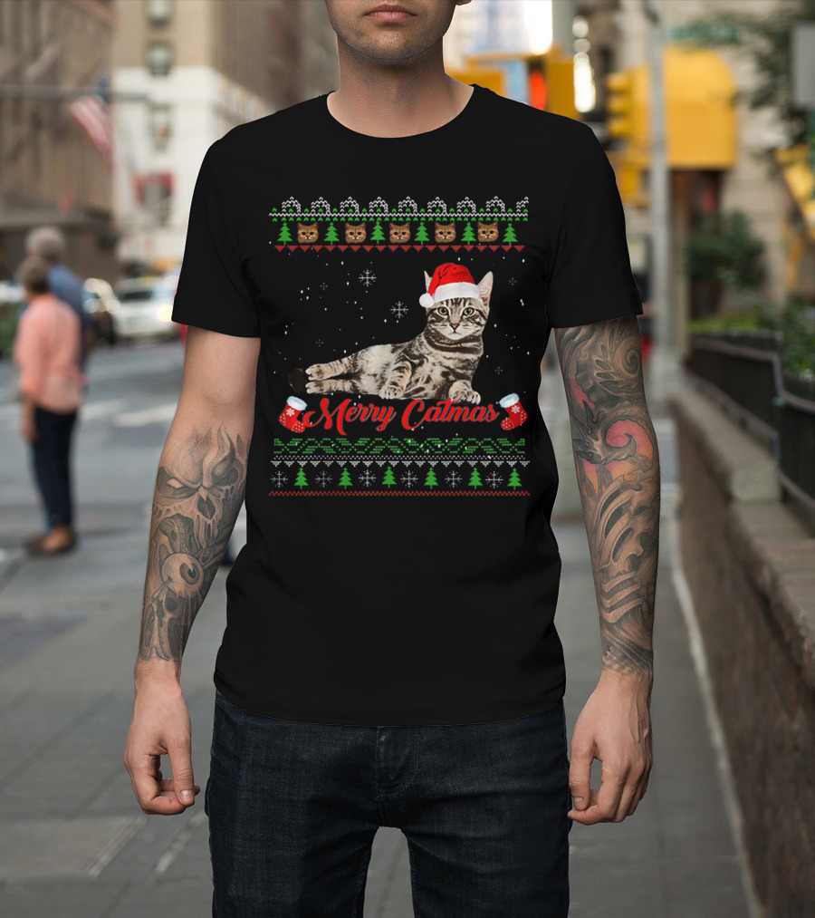 Merry Catmas Christmas Cat Santa Hat Festive Design with Christmas Trees and Stockings T-Shirt