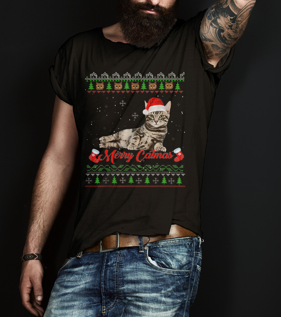 Merry Catmas Christmas Cat Santa Hat Festive Design With Christmas Trees And Stockings T-Shirt
