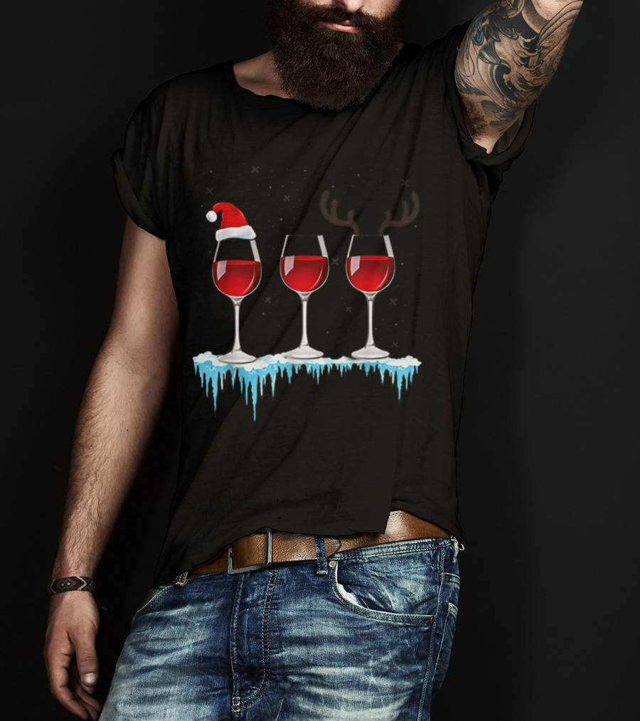 Red Wine Three Glasses Santa Hat Antlers Snow Holiday T-Shirt