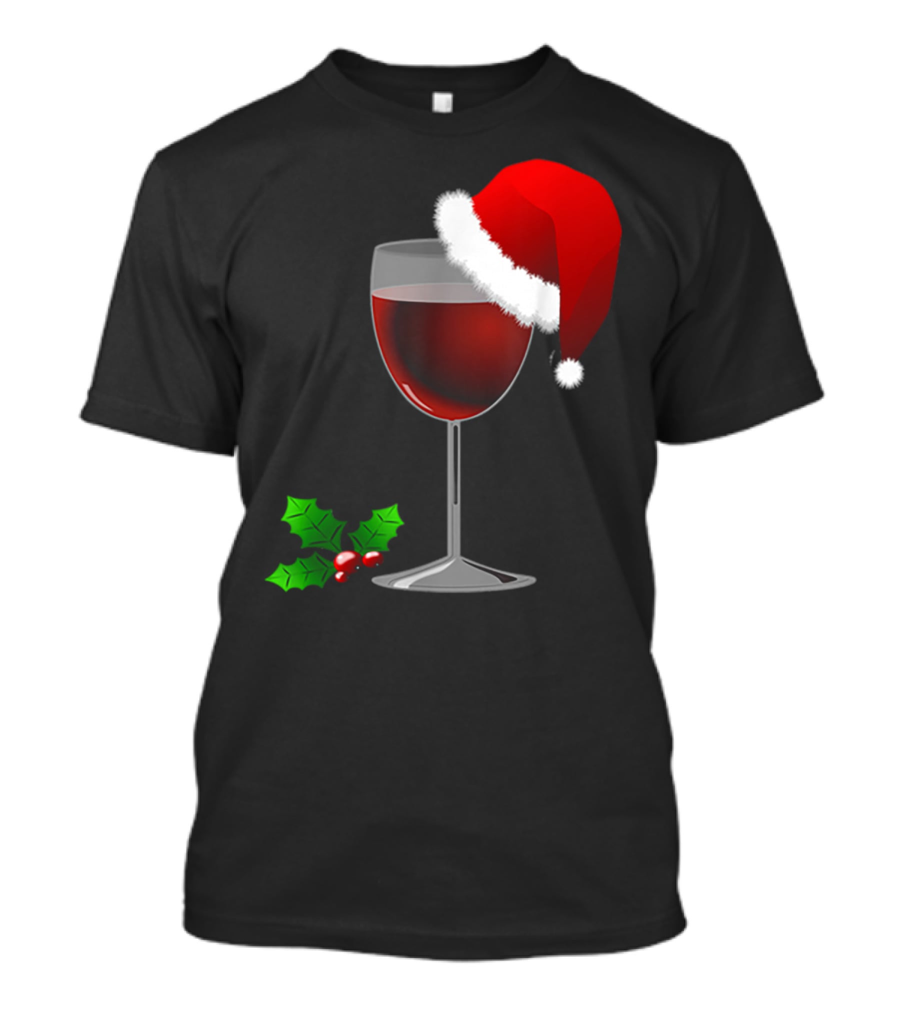Wine Christmas Santa Hat Holly T-Shirt