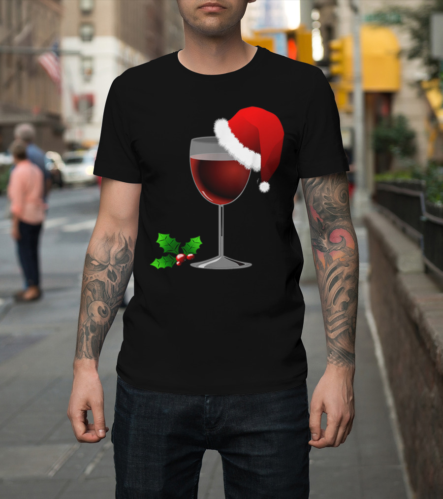 Wine Christmas Santa Hat Holly T-Shirt