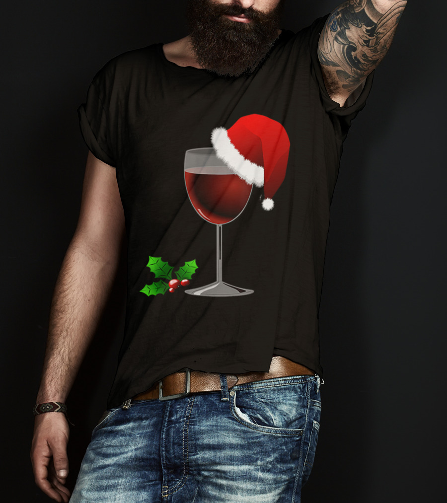 Wine Christmas Santa Hat Holly T-Shirt