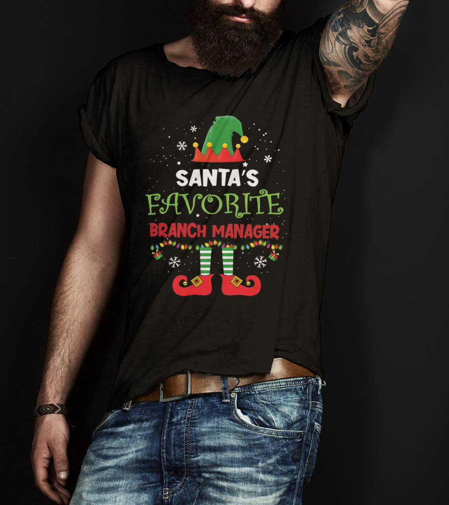 Santa's Favorite Branch Manager Elf Christmas Lights Hat Snowflakes T-Shirt