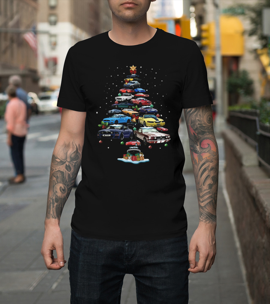 Mustang Christmas Tree With Iconic Cars And Festive Decorations T-Shirt