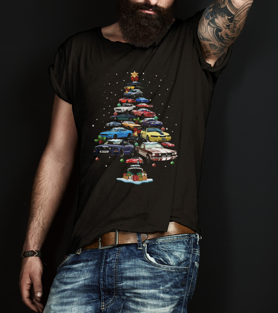 Mustang Christmas Tree With Iconic Cars And Festive Decorations T-Shirt