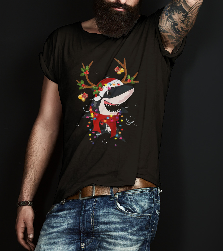 Shark With Christmas Reindeer Antlers And Santa Hat T-Shirt