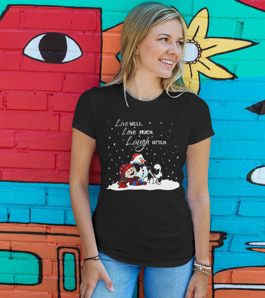 Snoopy Charlie Brown Live Well Love Much Laugh Often Winter Snowman Scene T-Shirt