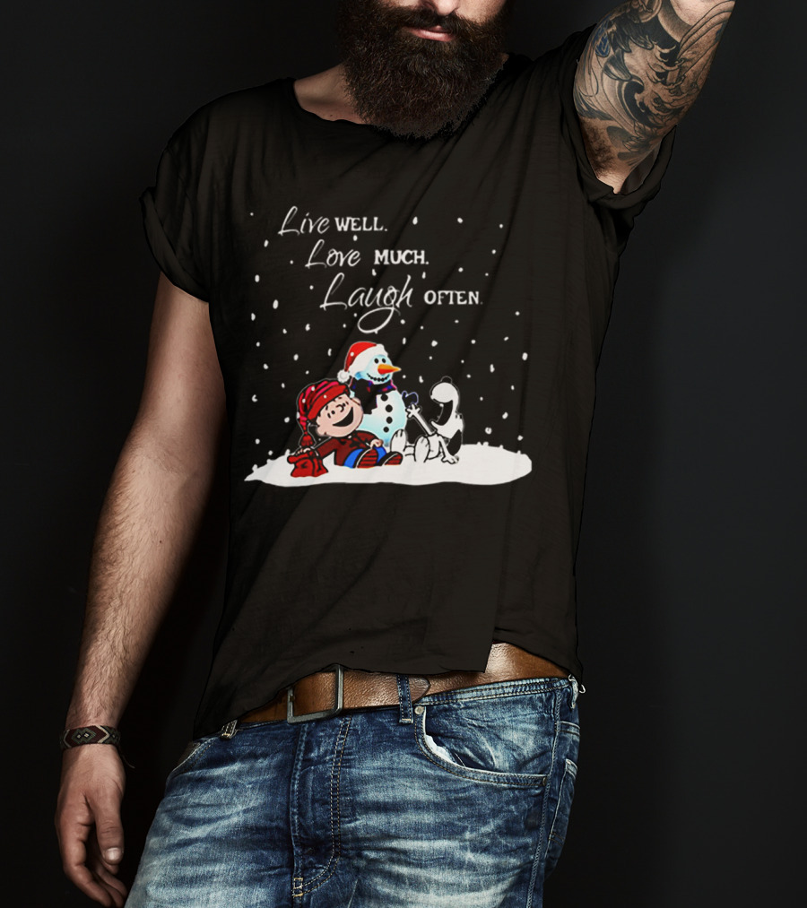 Snoopy Charlie Brown Live Well Love Much Laugh Often Winter Snowman Scene T-Shirt