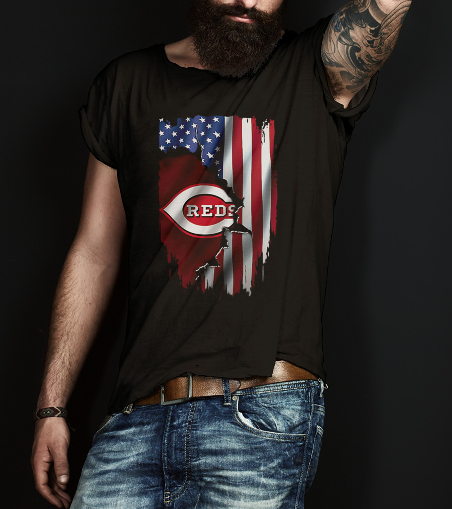 Cincinnati Reds American Flag Iconic Logo T-Shirt