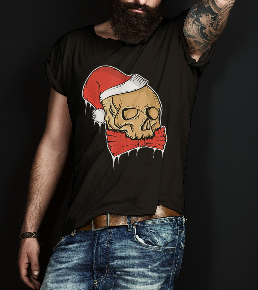 Vintage Skull Christmas Santa Hat Bow T-Shirt