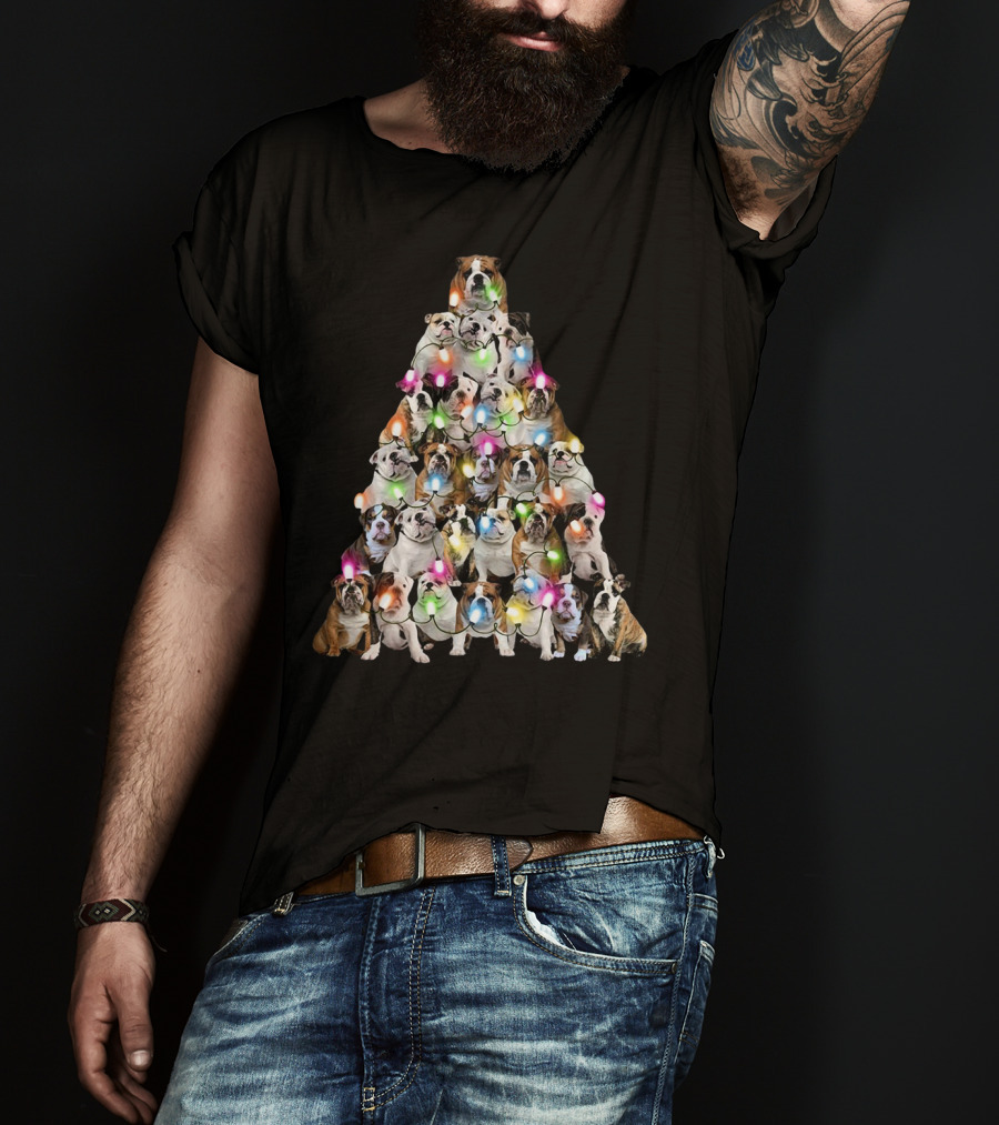 Bulldog Christmas Tree Festive Lights Pyramid T-Shirt